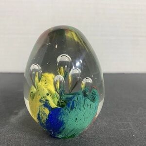 Vintage vibrant Handblown art glass egg paperweight with controlled bubbles